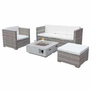 Oseasons® Acorn Rattan 5 Seat Lounge Sofa Set with GRC Firepit in Dove Grey with White Cushions